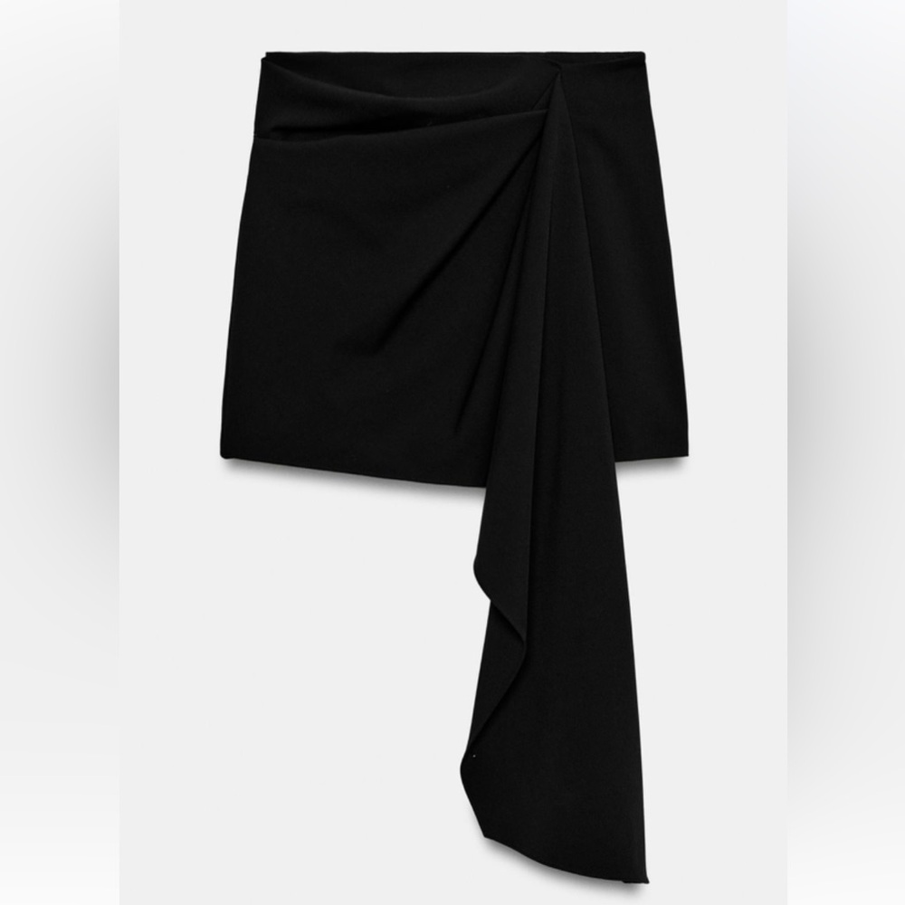 Zara ZW Collection Asymmetric Short Skirt Black Mini Draped Ruffle Tail Womens L